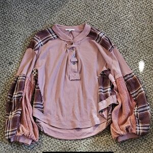 Plaid Sleeve High-Low Women's Top